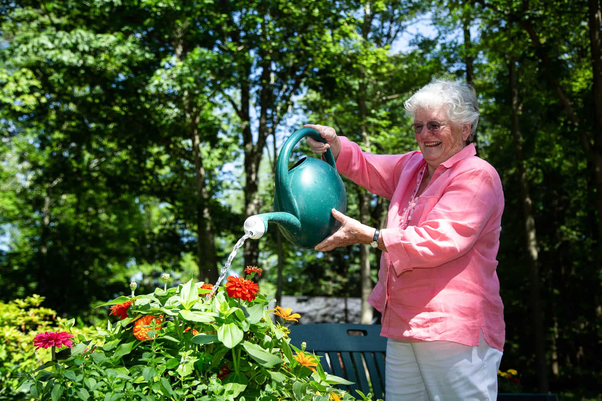 Senior woman waters flowers with a watering can in a shaded garden